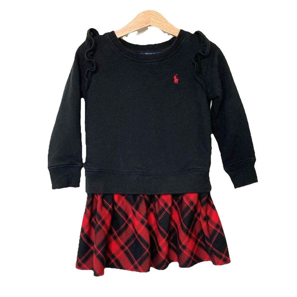 POLO RALPH LAUREN Girls 3T Sweatshirt Black Ruffled Dress Plaid Red